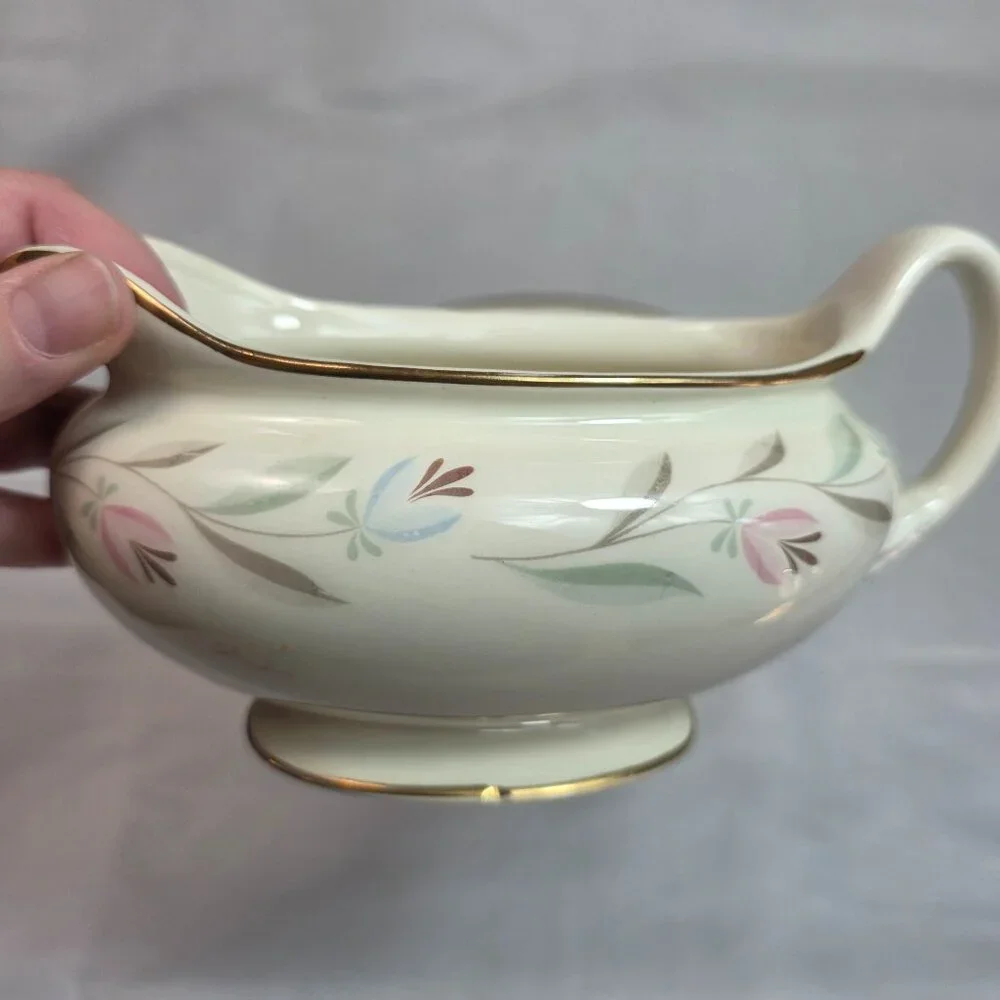 Homer Laughlin Nantucket Gravy Boat with Underplate Pink & Blue Flowers